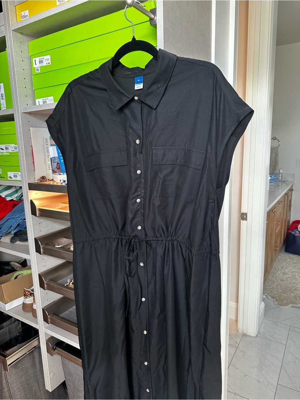 Old Navy Black Button-Front Drawstring Midi Dress